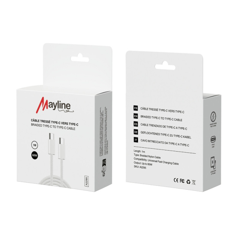 Câble Type-C / Type-C Tresse nylon 60W - Compatible iPhone/Samsung - Tresse nylon 1M (Mayline) — Mayline · Smarty Paris 18e